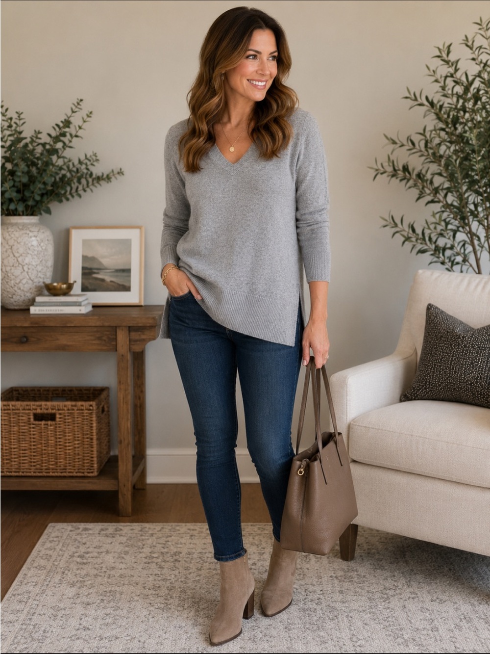 White‎ + Warren 100% Cashmere Gray V Neck Sweater Small High Low Hem